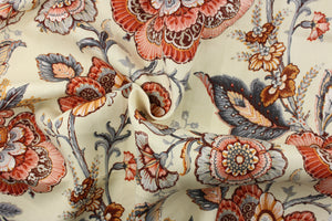 This beautiful Linen print features a floral design against an off white background.  Colors included are grey, orange and spice. 