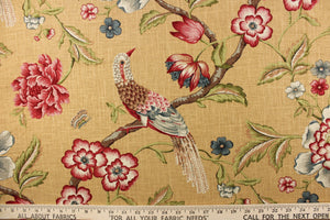 Upholstery, teal, shades of green, rayon, pillows, new arrival, multi-purpose, multi-colored, linen, light gold, foliage, flowers, floral, fabric, drapery, decorative prints, decorative pillows, curtains, birds, berry red, bedding, accent pillows, branches