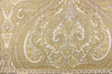 Load image into Gallery viewer,  This gorgeous linen embroidered paisley print would be a great accent to any room in your home.  It can be used for multi purpose upholstery, bedding, accent pillows and drapery.   Colors included are gold, yellow and white.
