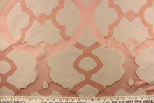 Load image into Gallery viewer, This light weight Jacquard fabric features a geometric scroll design on a silken background in tones of Coral. 
