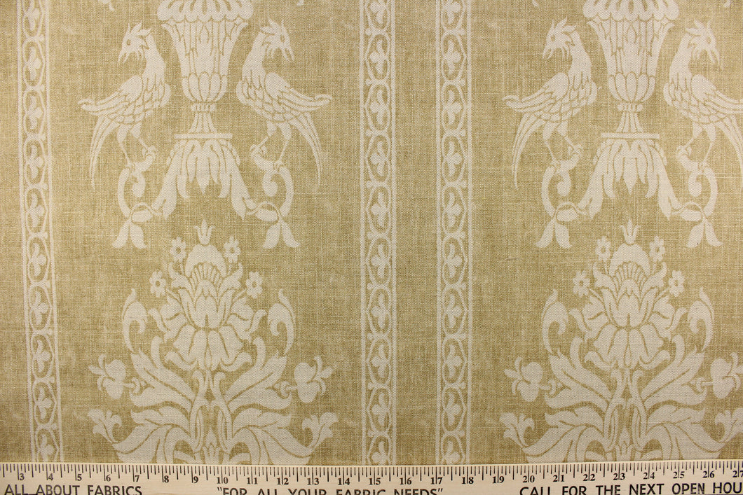 This linen/cotton blend fabric has a Damask pattern featuring stipes and a Phoenix set against a natural background.  It can be used for multi purpose upholstery, bedding, accent pillows and drapery. Colors included are off white and natural.