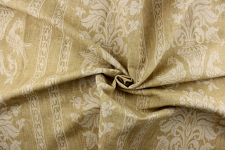 This linen/cotton blend fabric has a Damask pattern featuring stipes and a Phoenix set against a natural background.  It can be used for multi purpose upholstery, bedding, accent pillows and drapery. Colors included are off white and natural.