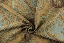 Load image into Gallery viewer, This Tapestry features a medallion and paisley design in the colors of brown and teal. 
