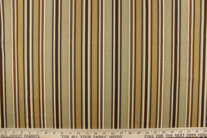 This fabric features a striped design in a tone on tone colors of varying shades of brown with off white, black and gray. 