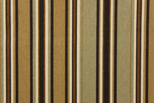 Load image into Gallery viewer, This fabric features a striped design in a tone on tone colors of varying shades of brown with off white, black and gray. 
