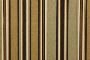 This fabric features a striped design in a tone on tone colors of varying shades of brown with off white, black and gray. 