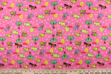 Load image into Gallery viewer,  This Old MacDonald cotton print fabric features farm animals, tractors and trees in red, white, lime green, blue, black, and yellow against an pink background
