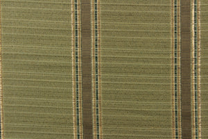 This rich woven yarn dyed fabric features bold striped pattern in light gold, green and brown against a olive green.