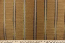 Load image into Gallery viewer, This rich woven yarn dyed fabric features bold striped pattern in shades of dark brown and gold against an old gold.
