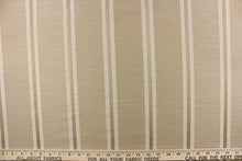 Load image into Gallery viewer, This rich woven yarn dyed fabric features bold striped pattern in champagne or cream against a light khaki. 
