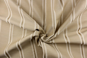 This rich woven yarn dyed fabric features bold striped pattern in champagne or cream against a light khaki. 