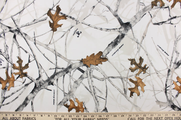 This camo features realistic branches and leaves in brown, gray and black against a white background. 