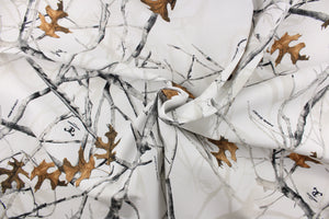This camo features realistic branches and leaves in brown, gray and black against a white background. 
