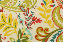 Load image into Gallery viewer, This fabric features a whimsical floral design in bright yellow, teal, lime green, beige, red, light blue and pale green against a creamy white. 

