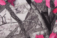 Load image into Gallery viewer,  This camo fabric features realistic branches and leaves in gray, green, hot pink and black against a gray and white background. 
