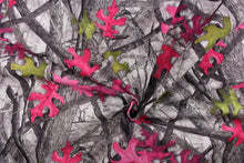 Load image into Gallery viewer,  This camo fabric features realistic branches and leaves in gray, green, hot pink and black against a gray and white background. 
