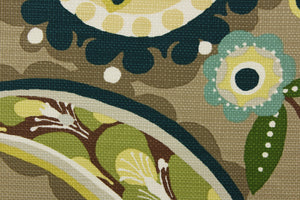 : This fabric features a brightly colored whimsical floral design in shades of green and teal with white, brown, pale yellow, hints of light gray and light khaki mixed in against a taupe background.