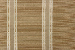  This rich woven yarn dyed fabric features bold  striped design in white, khaki and light gold tone against a khaki background. 