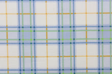 Load image into Gallery viewer,  This quilting print features a plaid design in blue, white, green, and a orangey yellow.
