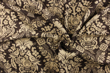 Load image into Gallery viewer,  This ornate damask pattern features a small peacock with floral accents set against a brown background. It would be a beautiful enhancement in any room in your home and can be used for multi purpose upholstery, bedding, accent pillows and drapery.  Colors included are brown and khaki.
