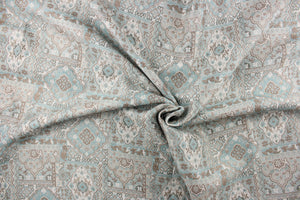 This intricate tapestry  fabric features a paisley design.  It can be used for upholstery, bedding, drapery, accent pillows, etc. and would be beautiful in any room in your home.  Colors included are teal, taupe and white.