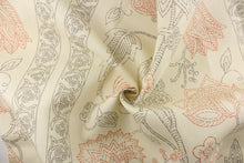 Load image into Gallery viewer, This linen, floral and striped pattern set against an off white background gives a light and airy feel.   It can be used for bedding, decorative pillows and drapery and would be a beautiful accent in your home.  The colors included are brown and coral.

