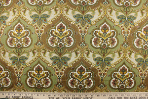 This silky fabric features a damask pattern with a paisley print design set on a light brown background.  It can be used for apparel, bedding, drapery, accent pillows.  Colors included are green, gold, brown and dark red.