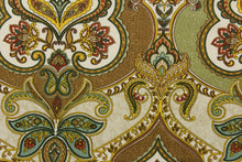 Load image into Gallery viewer, This silky fabric features a damask pattern with a paisley print design set on a light brown background.  It can be used for apparel, bedding, drapery, accent pillows.  Colors included are green, gold, brown and dark red.
