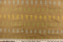 Load image into Gallery viewer, This indoor/outdoor beachy fabric features seahorses on a khaki background with a soil and stain resistant finish.  It is repellent of water and mildew.  Durable with 1,500 hours light fastness and exceeds 50,000 double rubs.  Use this for multi purpose upholstery, bedding, accent pillows and drapery.  Colors included are yellow, teal and green.
