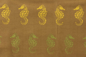 This indoor/outdoor beachy fabric features seahorses on a khaki background with a soil and stain resistant finish.  It is repellent of water and mildew.  Durable with 1,500 hours light fastness and exceeds 50,000 double rubs.  Use this for multi purpose upholstery, bedding, accent pillows and drapery.  Colors included are yellow, teal and green.