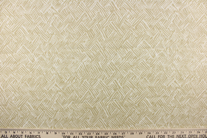 This fabric features a basket weave design in beige or taupe against a natural or off white background. 