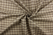 Load image into Gallery viewer, This fabric features a basket weave design in brown tones, gray and cream. 
