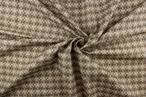 This fabric features a basket weave design in brown tones, gray and cream. 
