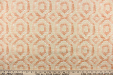 Load image into Gallery viewer,  This beautiful fabric features a geometric design in a peach, light khaki and a pale orange color with hints of white.
