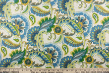Load image into Gallery viewer, This fabric features a floral paisley design in shades of green, yellow, and blue with hints of gray and beige against a white background. 
