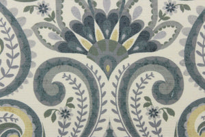 This fabric features a demask paisley design in shades of gray, green tones, hints of blue tones, and a pale gold against an off white or cream background. 