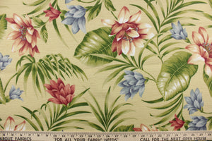 This outdoor fabric features a tropical floral print and is perfect for any project where the fabric will be exposed to the weather.  Uses include cushions, tablecloths, upholstery projects, decorative pillows and craft projects. This fabric has a slightly stiff feel but is easy to work with.  Colors included are gold, blue, green and red.