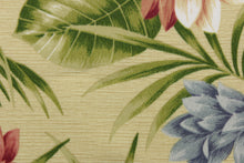 Load image into Gallery viewer, This outdoor fabric features a tropical floral print and is perfect for any project where the fabric will be exposed to the weather.  Uses include cushions, tablecloths, upholstery projects, decorative pillows and craft projects. This fabric has a slightly stiff feel but is easy to work with.  Colors included are gold, blue, green and red.
