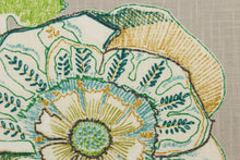 Load image into Gallery viewer,  This printed fabric features a floral design in colors of green, teal and gold on a gray background. 
