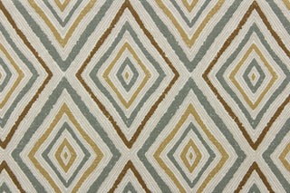 This fabric features a geometric design of diamonds in beige, sage green, brown and hints of light gray.