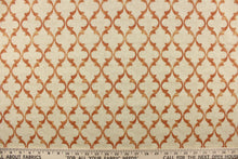 Load image into Gallery viewer,  This fabric features a geometric design in orange on a off white background.

