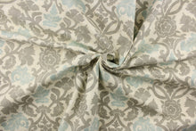 Load image into Gallery viewer, This fabric features a floral vine design in gray and pale blue against a off white background.
