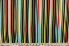 Load image into Gallery viewer, This vibrant fabric features a stripe design in red, black, white, orange, charcoal gray, yellow, green and pale turquoise blue.
