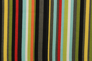 This vibrant fabric features a stripe design in red, black, white, orange, charcoal gray, yellow, green and pale turquoise blue.