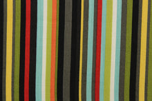 Load image into Gallery viewer, This vibrant fabric features a stripe design in red, black, white, orange, charcoal gray, yellow, green and pale turquoise blue.
