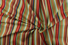 Load image into Gallery viewer, This vibrant fabric features a stripe design in red, taupe, white, khaki, peachy pink, yellow, green and  blue.

