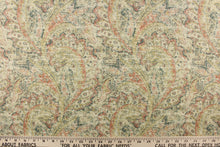 Load image into Gallery viewer, This fabric features a distressed paisley design in shades of brick red, blue green, hints of beige, yellow and off white. 
