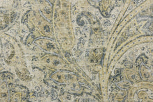 Load image into Gallery viewer,  This fabric features a distressed paisley design in shades of blue, beige, hints of gray, yellow and off white. 
