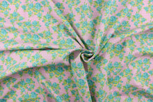 Load image into Gallery viewer,  This quilting print features a beautiful rose design in turquoise blue and green with hints of yellow against a pink background with white dots. 

