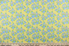 Load image into Gallery viewer,  This quilting print features a beautiful rose design in blue, green, and pink against a light yellow background with dark yellow dots. 
